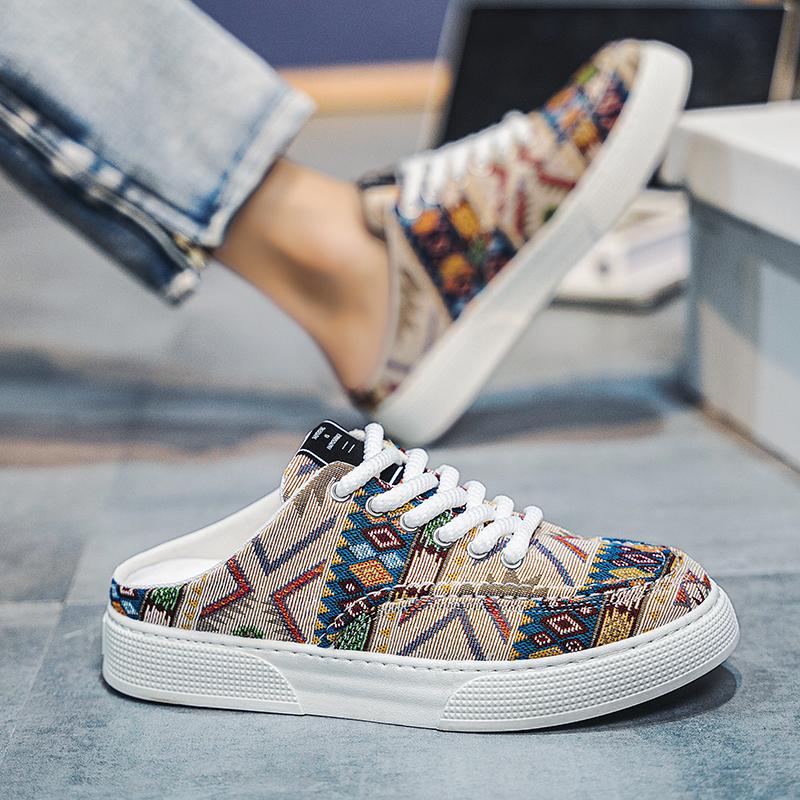 Men Half-slippers Summer New Sneakers Casual Mens Designer Ethnic Style Board Shoes Fabric Breathable Increased Internal