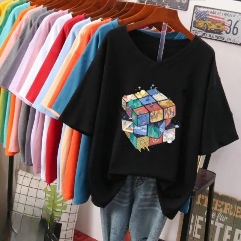 Short-sleeved T-shirt for Women, Large Size, Loose and Slimming, Printed V-neck Top