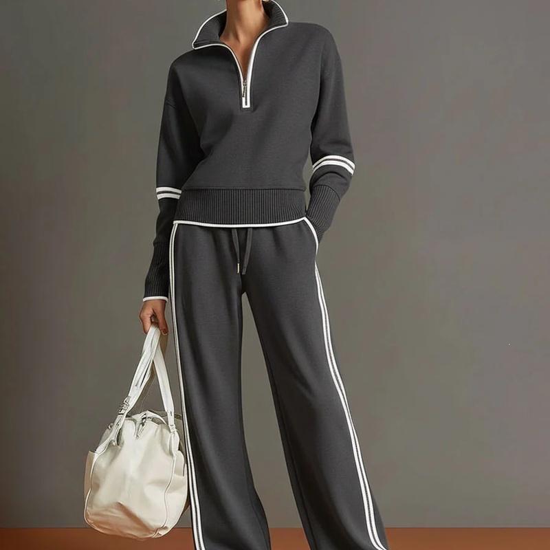 Ensemble de survêtement deux pièces pour femme Sweatshirt à demi-fermeture éclair et col montant Pantalon large à cordon de serrage Rayure contrastante Tenue de sport décontractée