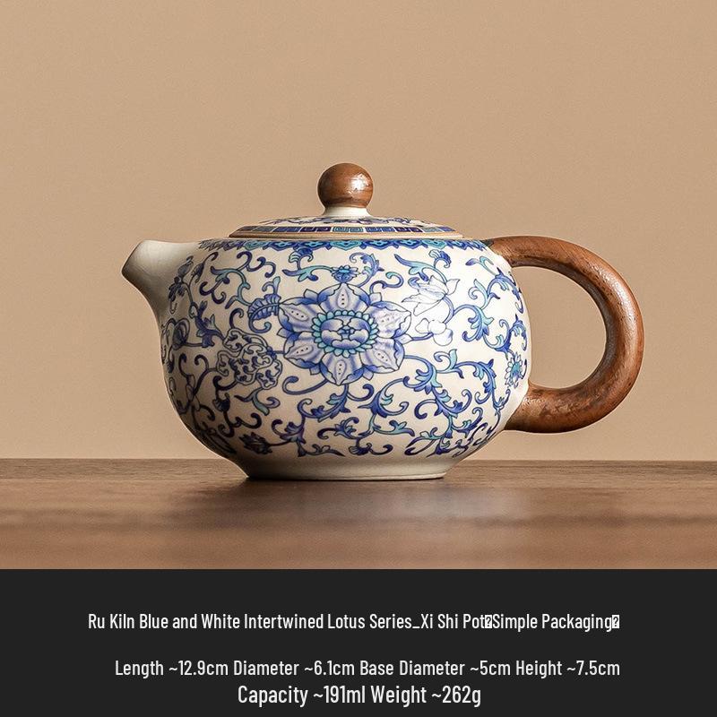 Blue & White Ru Kiln Ceramic Teapot featuring Intertwined Lotus Design – Xishi Style, Perfect for Home Tea Brewing, High-End Chinese Tea Set.