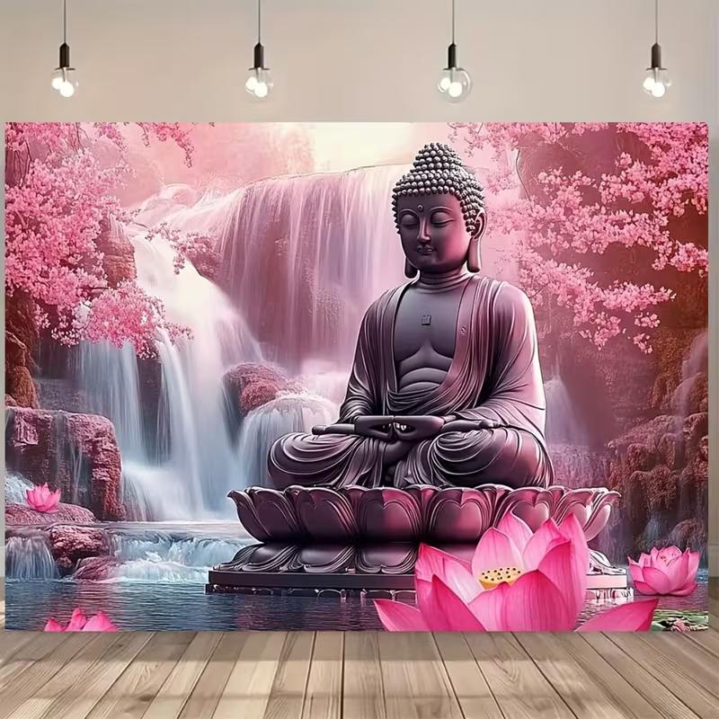 2D Buddha Meditation Backdrop, Pink Lotus & Cherry Blossom Nature Background