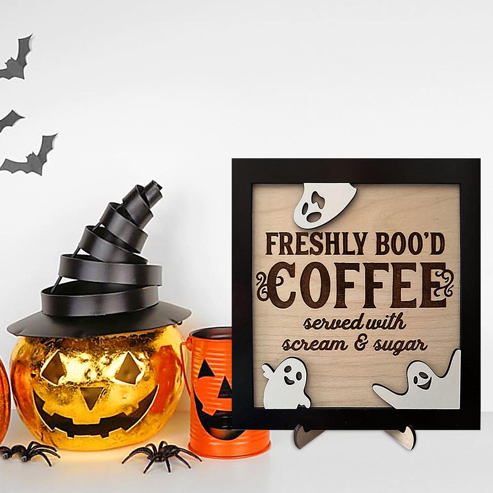 Bood Coffee Freshly Halloween Sign Bar Decor Office Ornament Photo Ghost Frame