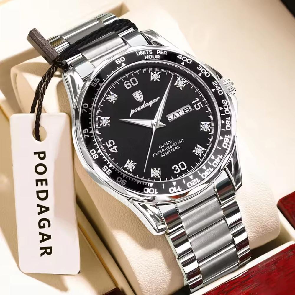 POEDAGAR Fashion Luxury Man Clock Waterproof Luminous Date Week Wristwatch Stainless Steel Quartz Business Watches for Men