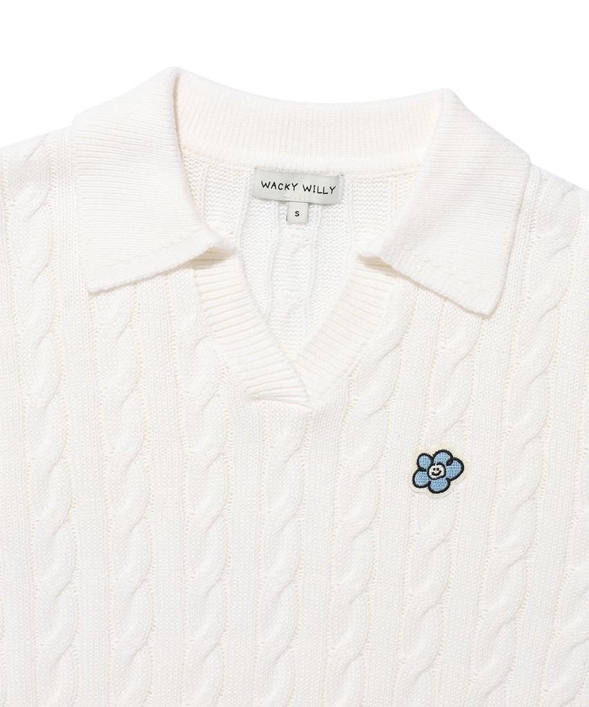 WACKY WILLY Women'S Cable Open Collar Pullover Cream