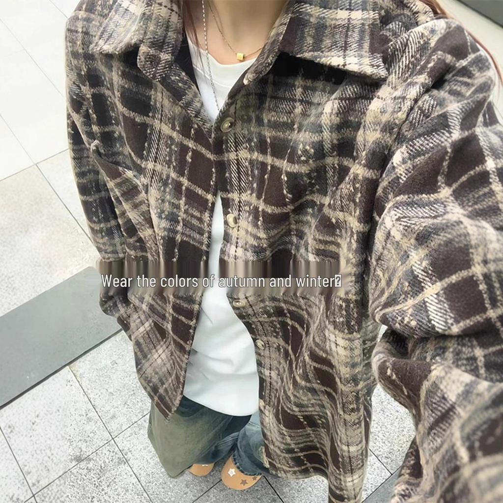 Women's Retro Red Plaid Brushed Shirt Jacket - Long Sleeve Casual Top for Autumn/Winter