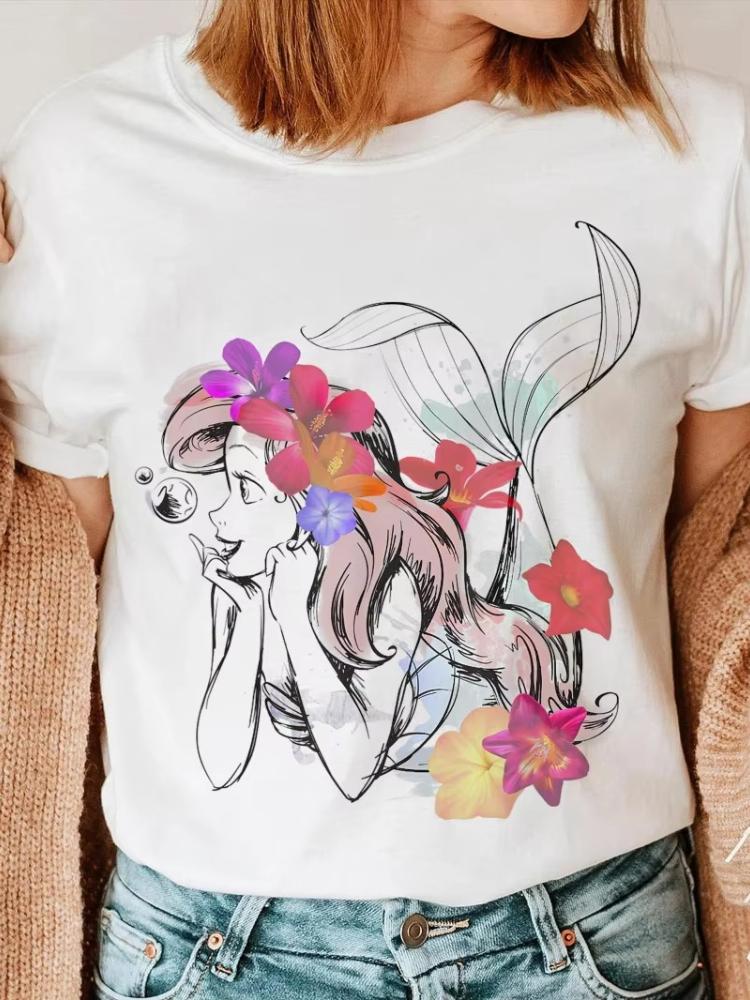 

2026 New Little Mermaid Flower Watercolor Print Womens TShirt Top Casual Loose Plus Size Short Sleeve S