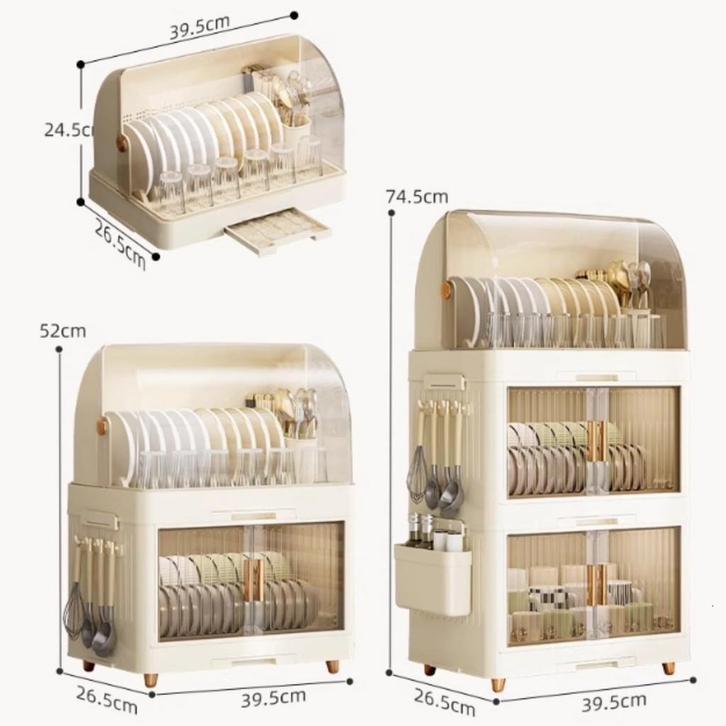 Mearrineser Kitchen Dish Storage Rack, Double Dish Cabinet with Lid, Dustproof, Large Capacity, Dish Drainer, Cutlery Organizer (2 Tiers, White)