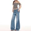 Spring Summer Vintage Blue Embroidery Relaxed Micro Flare Wide Leg Denim Pants For Ladies Casual Pants Oversize Denim Trousers
