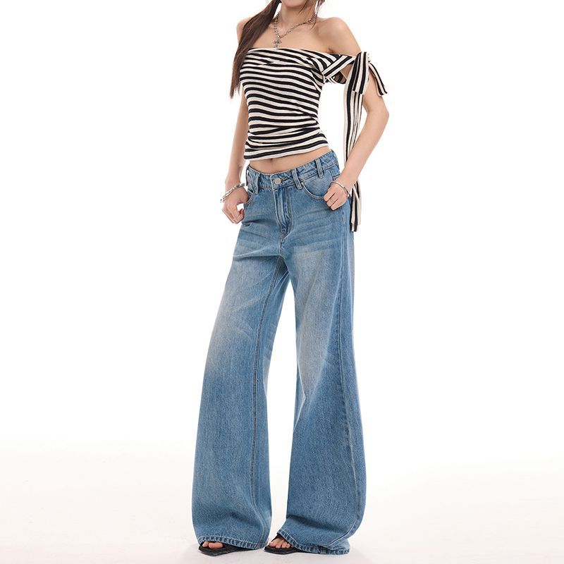 Spring Summer Vintage Blue Embroidery Relaxed Micro Flare Wide Leg Denim Pants For Ladies Casual Pants Oversize Denim Trousers