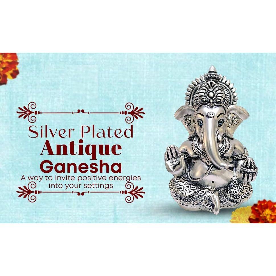Matte Silver Plated Antique Mukut Ganesha - 3.5" - Perfect for Gifting, Home Decor, Car Dashboard Murti Ganpati Idol