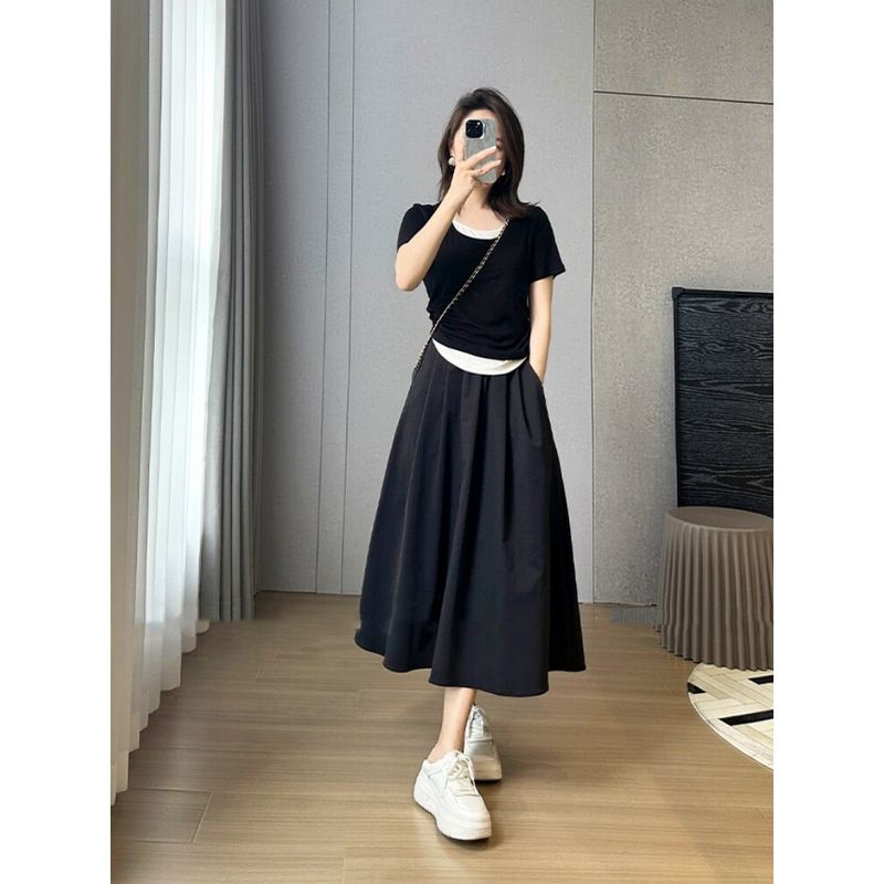 2026 Summer New Anti-Wrinkle Black Umbrella Skirt Plus Size Loose Hip-Covering Slimming Mid-Length A-Line Skirt