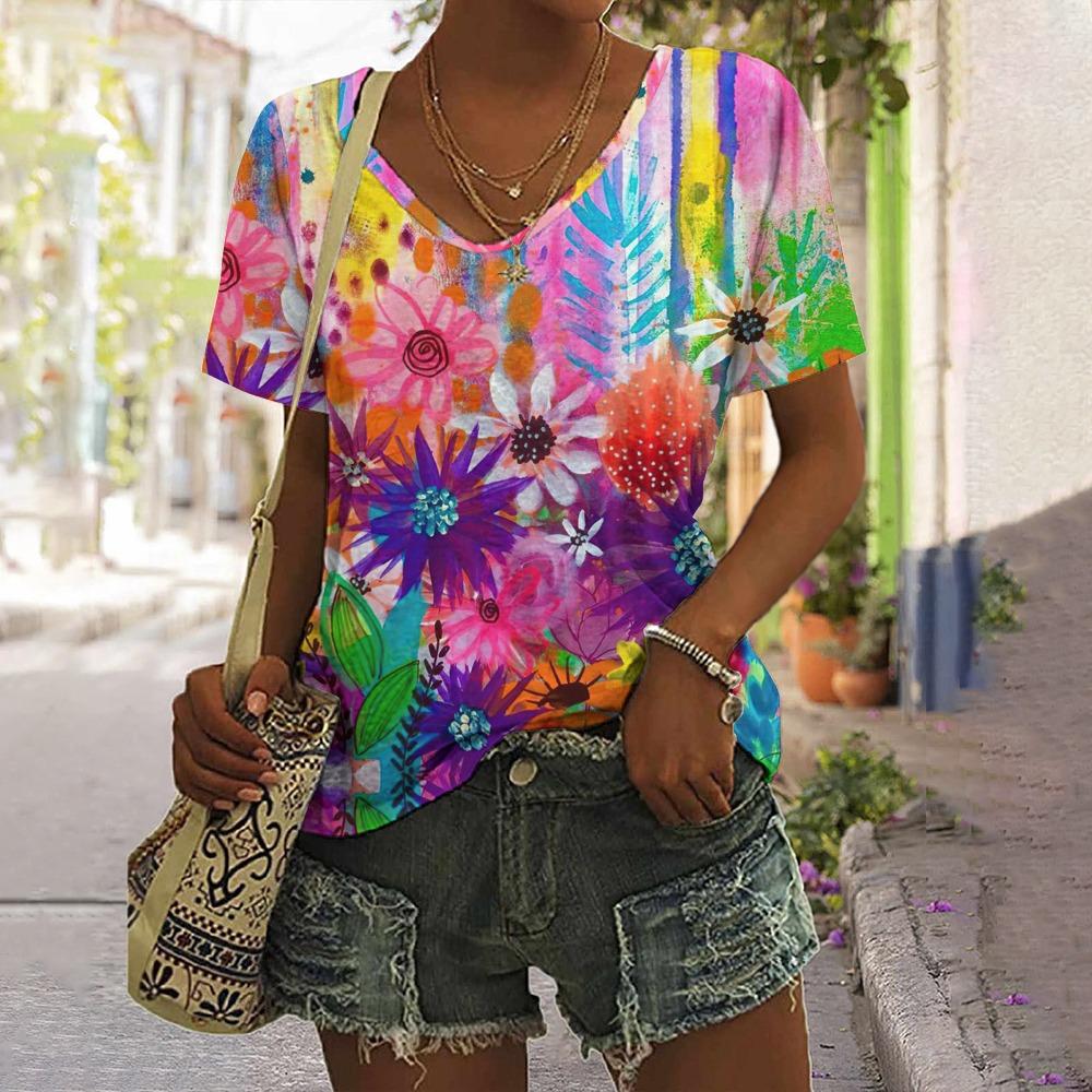 3D printed women s casual V-neck short sleeved T-shirt XS