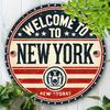 Vintage Willkommen in New York Patriotisches rundes Blechschild Retro Amerikanische Flagge Staatssiegel Wanddekoration Nostalgische Eisenfarbe