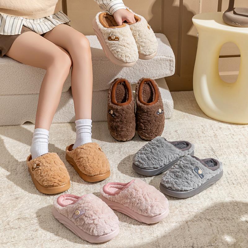 Fashion Chunky Platform Fluffy Fur Indoor Slippers Women 2025 Winter Warm Short Plush Non Slip Bedroom Slippers Cotton Home Shoes Size45