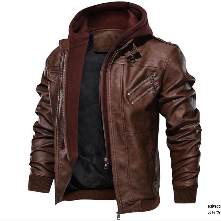 Men's Vintage PU Leather Motorcycle Jacket with Detachable Hood - Autumn/Winter