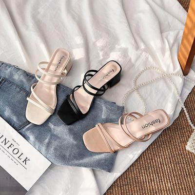 Women Sandals Ladies Square Heels Elegant Summer Slippers Outside Cross Tied Leather Female Slides  Fashion Woman Sandals