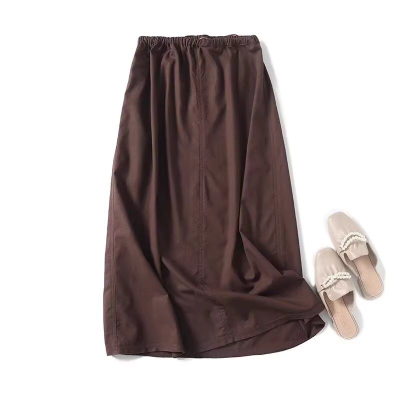 

MD Women clothes French style Elegant Commuter Style Retro Brown Linen Drawstring Mid-Length Skirt 05217100717 Brown L