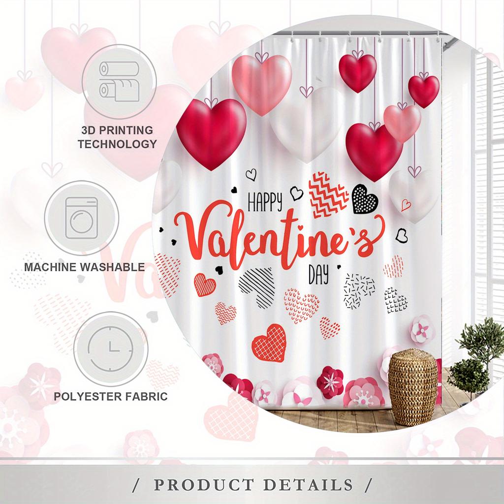 1pc Valentine's Day Shower Curtain - Heart & Floral Balloons, White Background, Red & Pink Flowers,Text: 'Happy Valentine's Day'