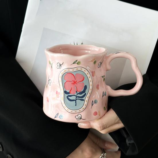 Ceramic Coffee Mug with Ergonomic Handle Irregular Floral Pattern Mug Dishwasher Safe Novelty Cup for Coffee Tea Milk