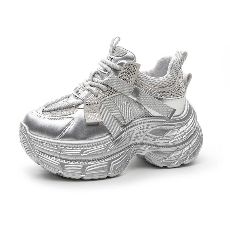 Dad Shoes Women's Thick-soled Inner Height Increase Casual Versatile Color Matching Rhinestone Mesh Sports Women's Shoes