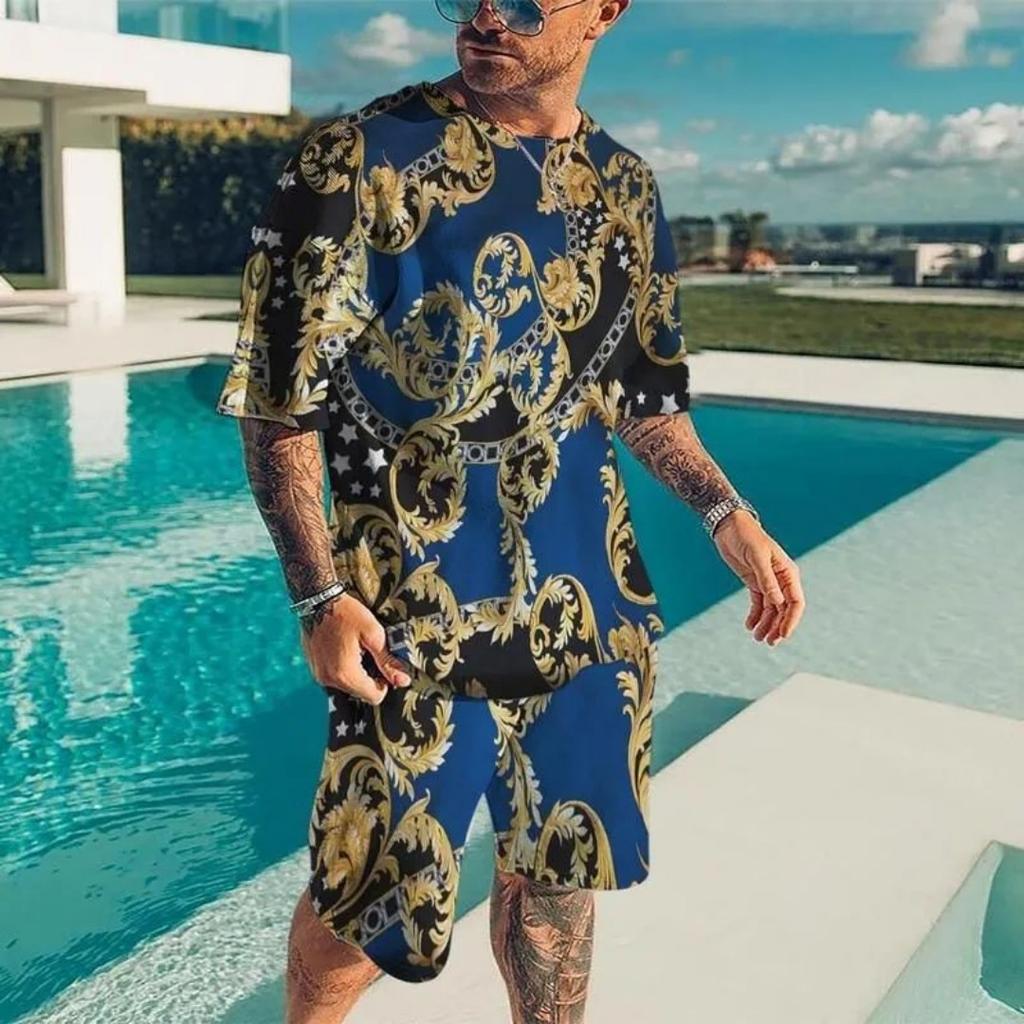 2025 Summer New Men's Luxury Gold Pattern Sportswear 3D Printed Short Sleeve T-shirt Set Fashionable Casual Men's T-shirt