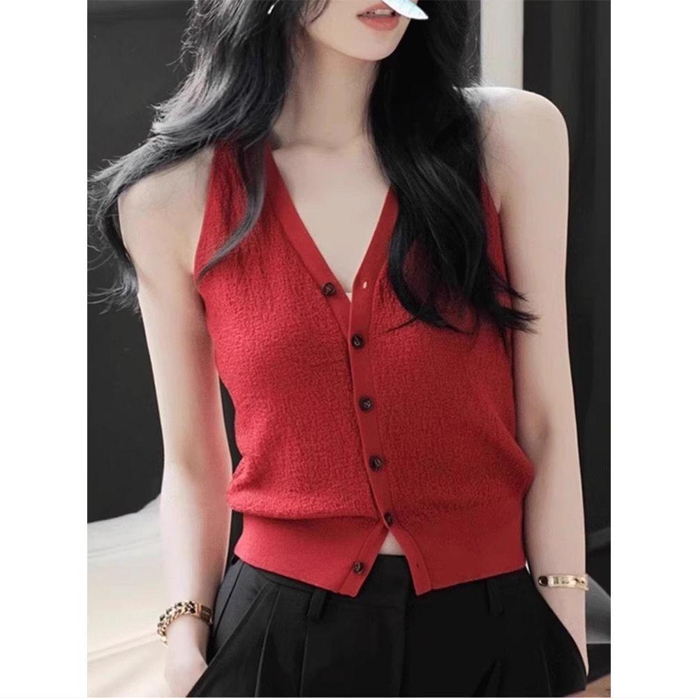 

Chic design red sling vest women s summer v-neck slim-fitting short neck-hanging knitted outer sleeveless top one size fits all червоний