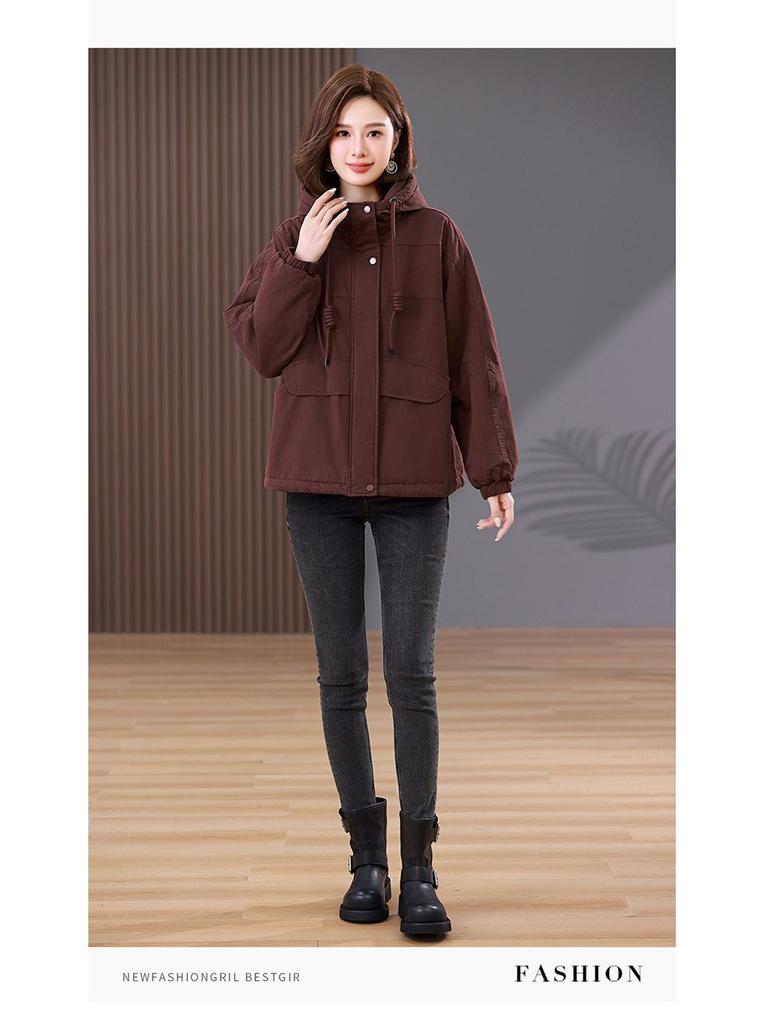 Women's Plus Size Pure Cotton Fleece-Lined Parka Jacket - Short, Thickened, Casual Style for Autumn/Winter 2024