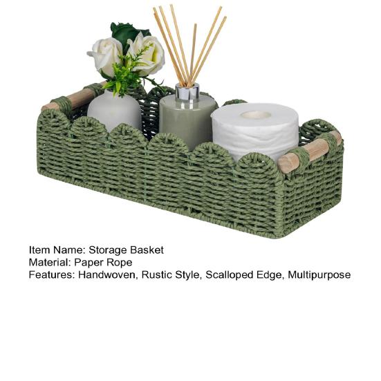 Yousheng Handwoven Storage Basket Handcrafted Scalloped Basket with Wooden Handles Rustic Toilet Paper Storage Basket for Bathroom Bedroom Storage