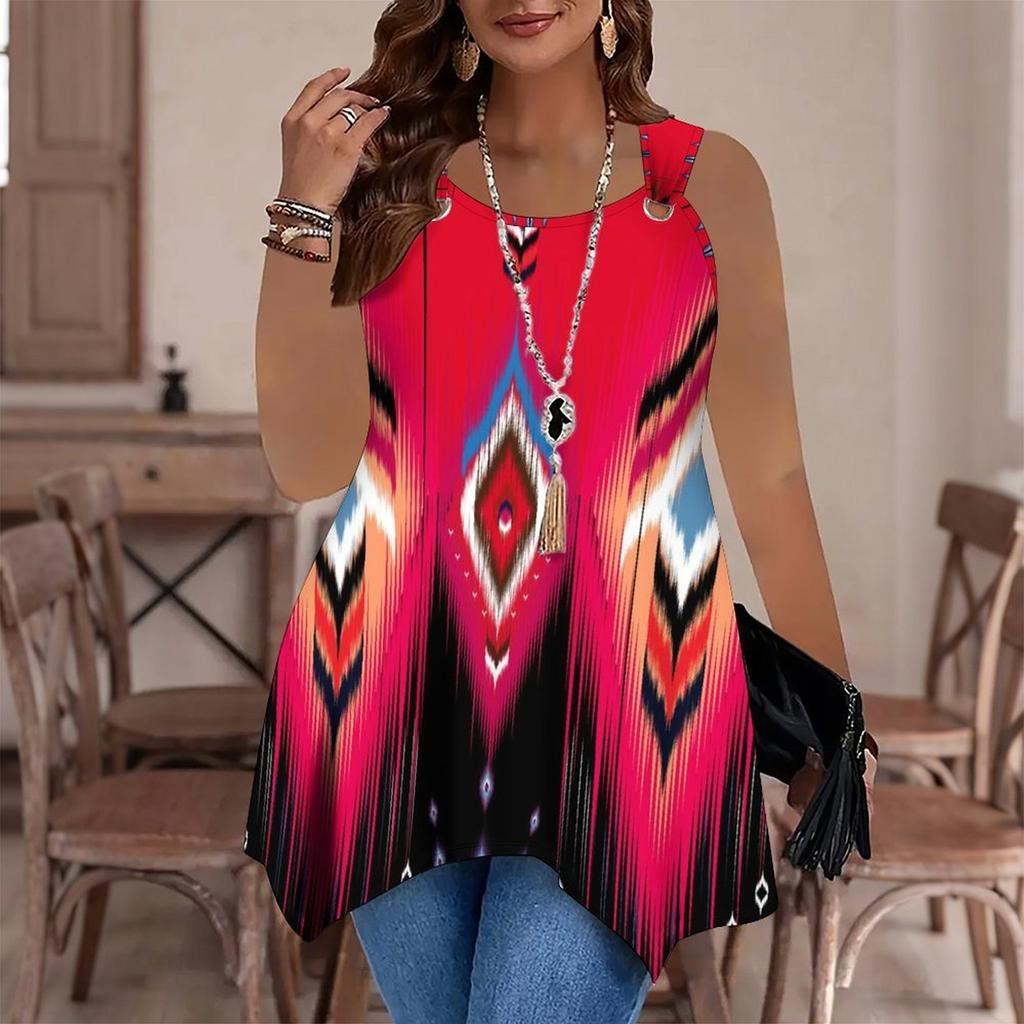 Modische Lässige Sport-Doppelring-Weste für Damen, Große Tank-Weste mit Vintage-Musterdruck, Unregelmäßiger Saum, Elegant und Schlicht