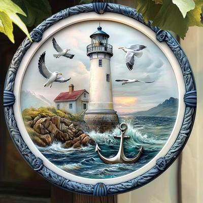 Vintage Deniz Feneri Alüminyum Duvar Sanatı Tabelası - Martılar ve Okyanus Temalı Metal Dekor - Hava Koşullarına Dayanıklı, Sevgililer Günü