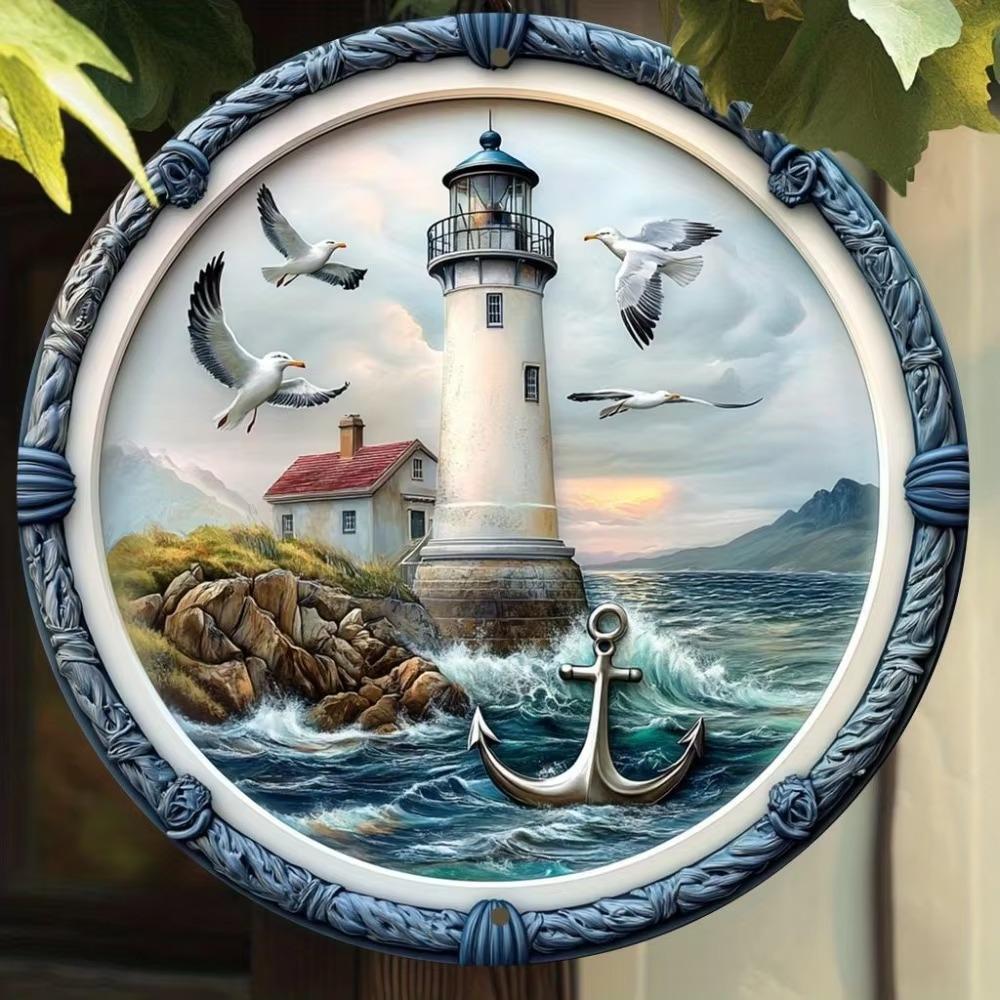 

Vintage Lighthouse Aluminum Wall Art Sign - Seagulls and Ocean Theme Metal Decor - Weatherproof, Valentine S Day 20x20cm білий