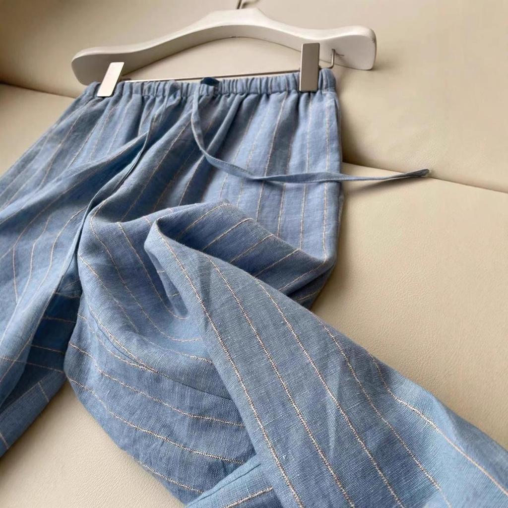 Women's High-Waisted Blue Stripe Linen Wide-Leg Pants - Slimming & Comfortable Summer Trousers