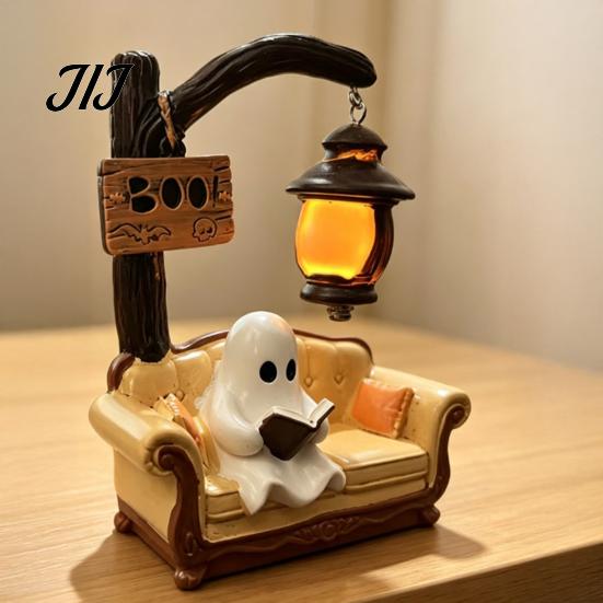 Detailed Desktop Sculpture for Party Halloween Ghost Reading Book Lamp, Cute Figurine Night Light with Book, Gift Holiday Lovers 3D Resin Tabletop