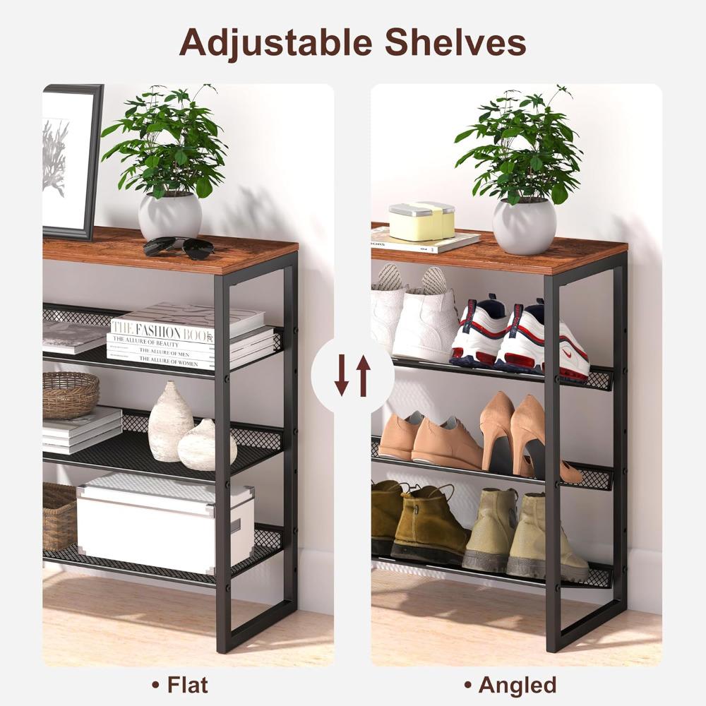 Industrial Shoe Rack - Sturdy Steel Entryway Shoe Organizer with Spacious Top - Strong Mesh Shoe Storage Shelves - Adjustable