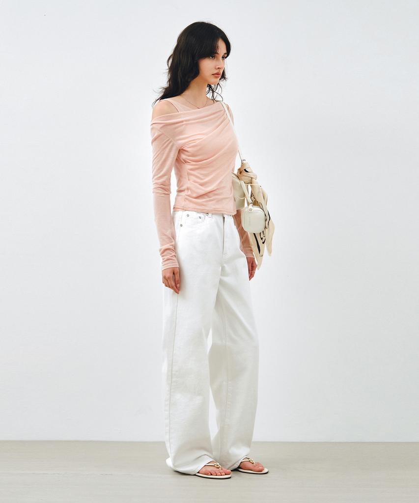 MONGDOL [Set] One-Shoulder Draping Layered T-Shirt Peach Pink Mdts088Peachpink
