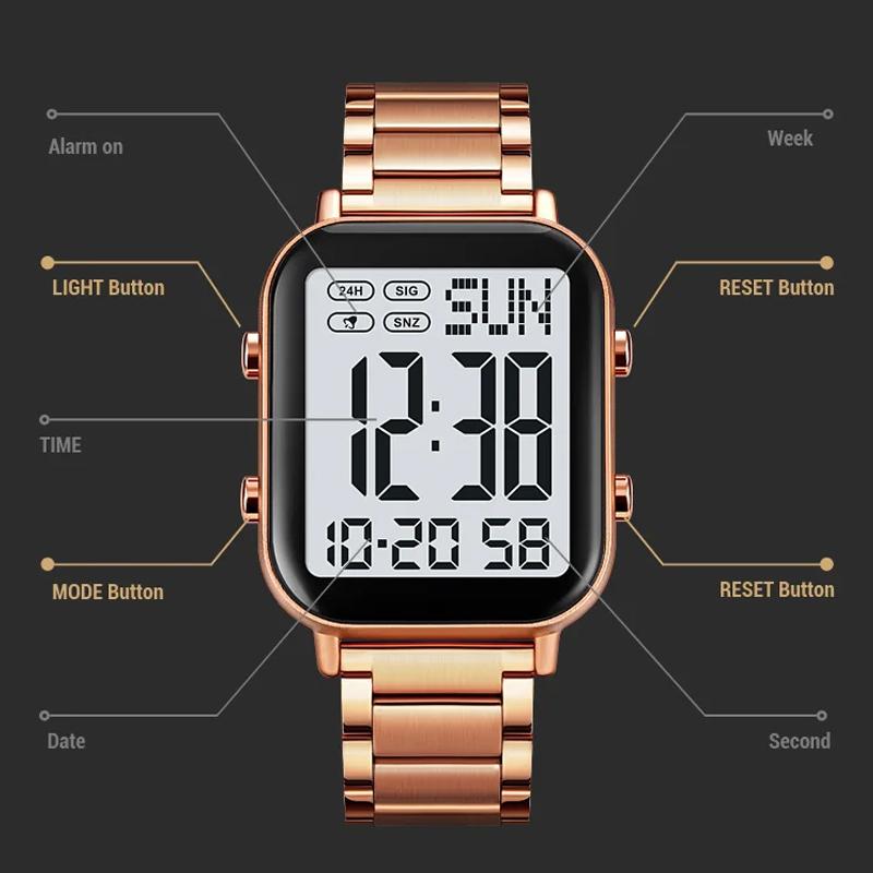 Digital Watch for Men Waterproof Sport Electronic Wristwatch EL Display Stainless Steel Watches