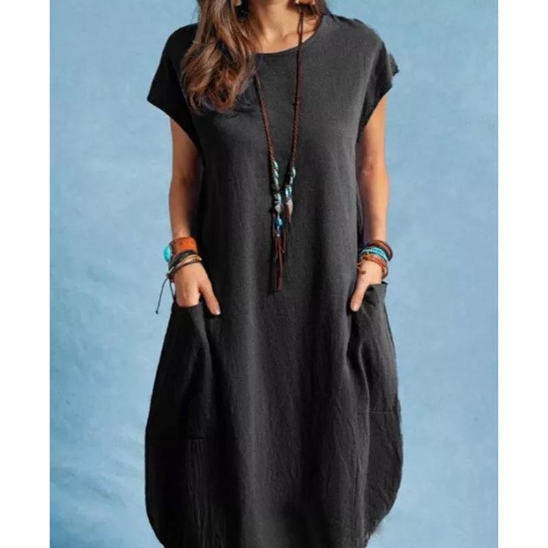 

2025 Spring/Summer European & American Casual Cotton Linen Pocket Dress for Women XXL чёрный