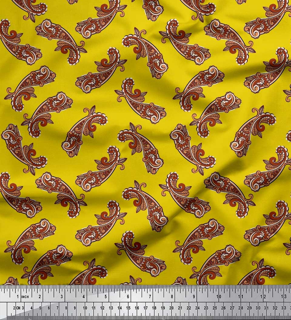 

Soimoi Purple Japan Crepe Satin Тканина з художнім декором Пейслі, друковані метри, 42 дюйми 42 Inch Wide - Poly Crepe жовтий