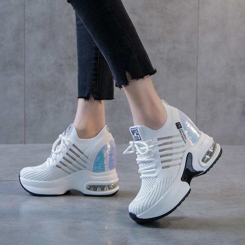 2025 Spring and Summer New Dad Shoes Women's Summer Breathable Mesh Shoes Casual Thick Sole Inner Height Increase Sequined White Shoes