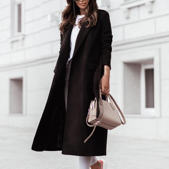 Women Oversize Coat Solid Color Belt Autumn Winter Turndown Collar Split Hem Long Coat for Office