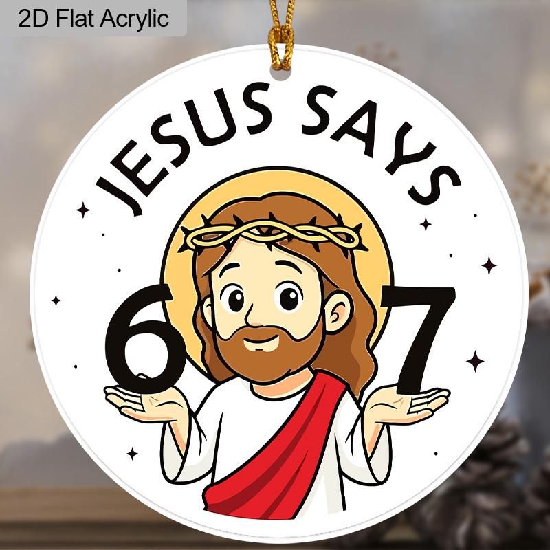 1pc/2pcs 67 Sign, JESUS Says 67 Pattern, Acrylic Pendant with Golden Rope, Party Holiday Decor, Window Pendant Decor, Decor Sign(No Electricity)
