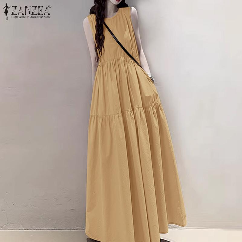 ZANZEA Women Loose Casual Round Neck Sleeveless Long Dress