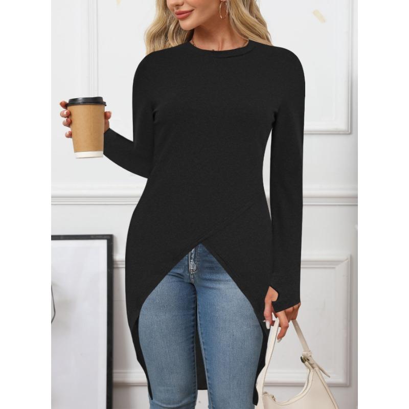 Women's New Solid-coloured Round Neck Long-sleeved Split Casual Temperament Commuting Mid-length Dresses