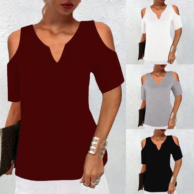 Damen Sommer Einfarbig Beiläufige Lose V-Ausschnitt Kurzarm Bluse Mode Top T-Shirts