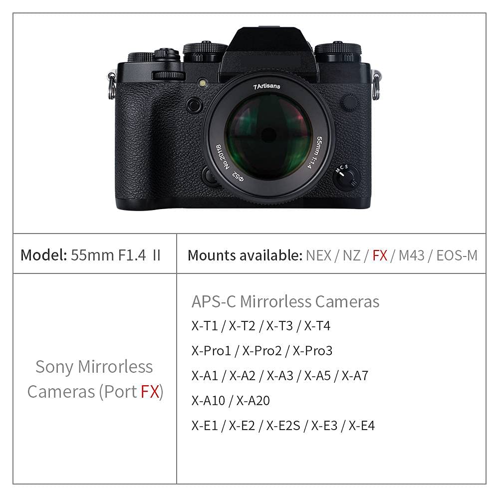 7artisans 55mm Mark Manual Focus Lens Large Aperture Mirrorless Camera Lens forFuji X F1.4 IIAPS-C X-A1 X-A10 X-A2 X-A3 X-T1 X-T10 X-T2 X-T20 X-E2