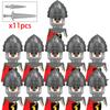 11 Silver Gray Knight Figures w Yel Edge Helm Swords Red Cross Shields White Cloaks No Baseplate