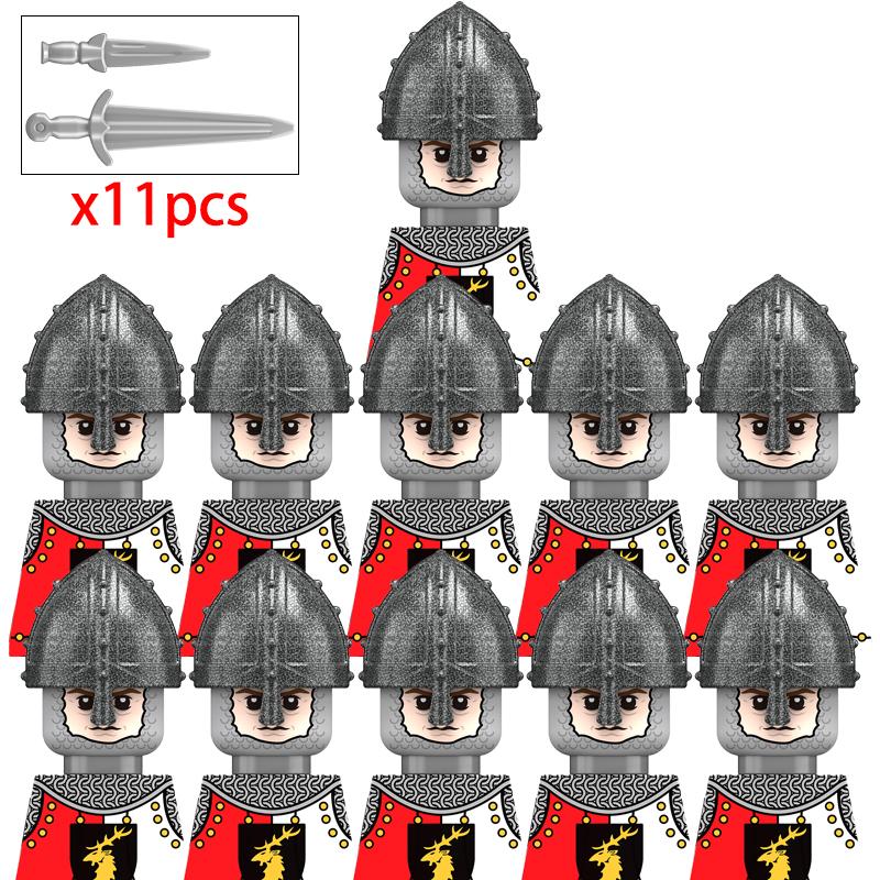 11 Silver Gray Knight Figures w Yel Edge Helm Swords Red Cross Shields White Cloaks No Baseplate