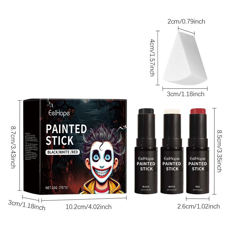 3Pcs Halloween Body Paint Stick Set Clown Themed Costume Kit Makeup Stick Full Face Coverage Body Makeup Paint Stick Set