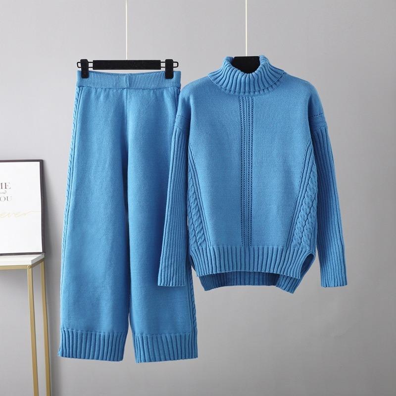 High-necked pullover thickened knitted sweater casual fashion suit women's autumn and winter loose lazy style wide-leg pants two-piece set