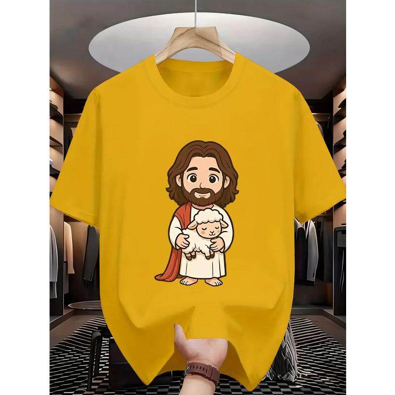 European sizes Cute Sheep Cartoon Character Print Pattern, Comfortable for Outdoor Sports and Indoor Daily Casual Wear, Boys' Fashion T-Shirt